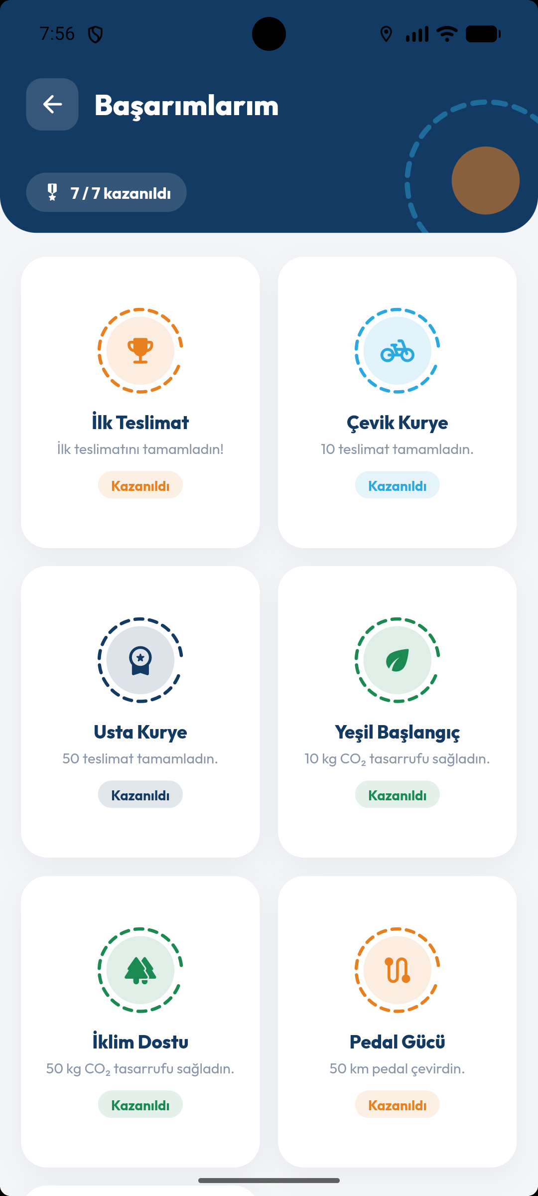 Başarımlarım ekranı — kazanılan rozetler