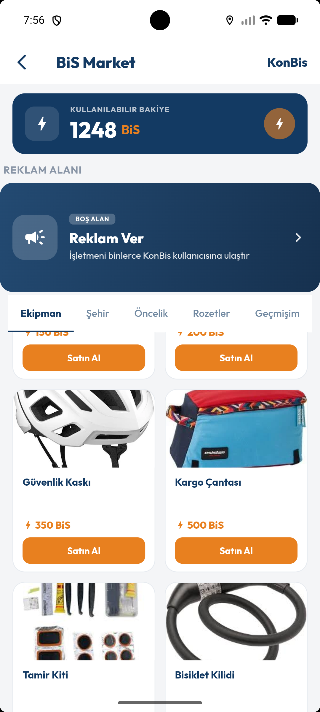 BiS Market ekranı — puanla alınabilen bisiklet ekipmanları