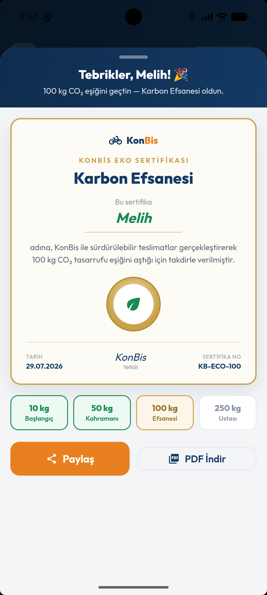 KonBis Eko Sertifikası — Karbon Efsanesi seviyesi, paylaş ve PDF indir seçenekleri