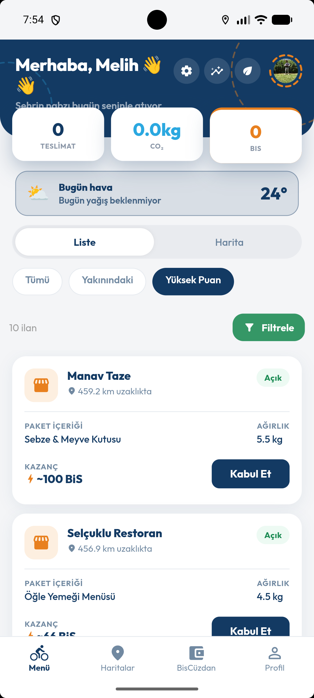 Kurye ekranı — Konya'daki açık ilanların listesi