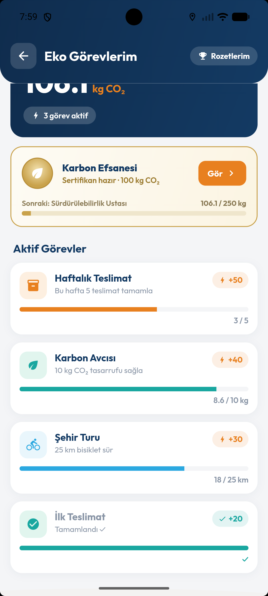 Eko Görevlerim ekranı — karbon tasarrufu ve aktif görevler