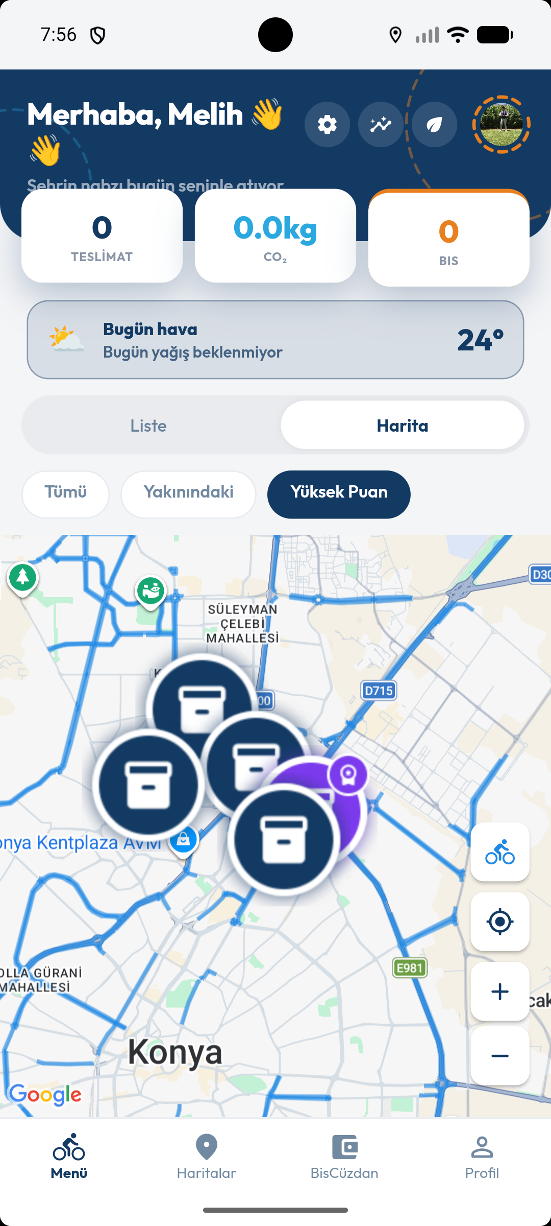 KonBis uygulaması — kurye haritası ve açık ilanlar ekranı