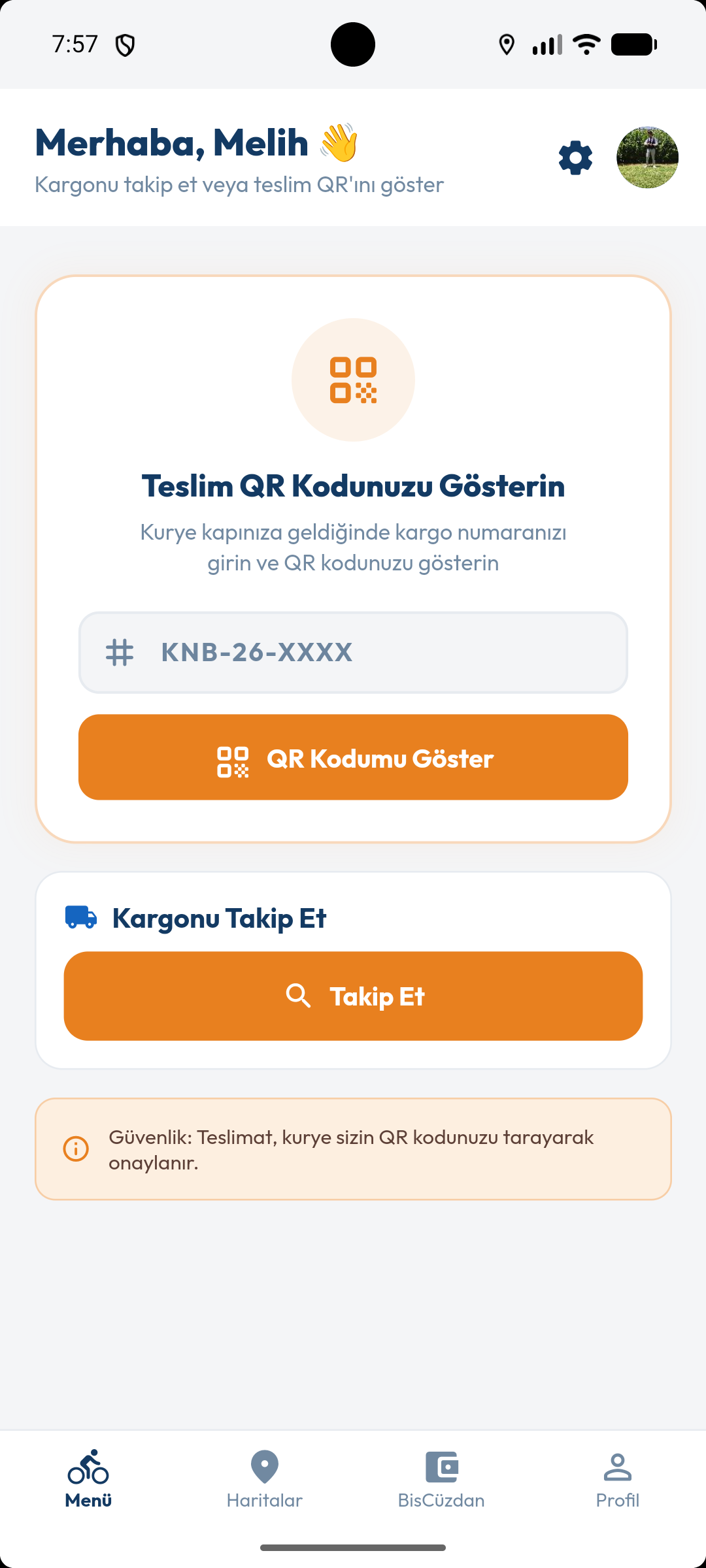 Alıcı ana ekranı — teslim QR kodu ve kargo takip girişi