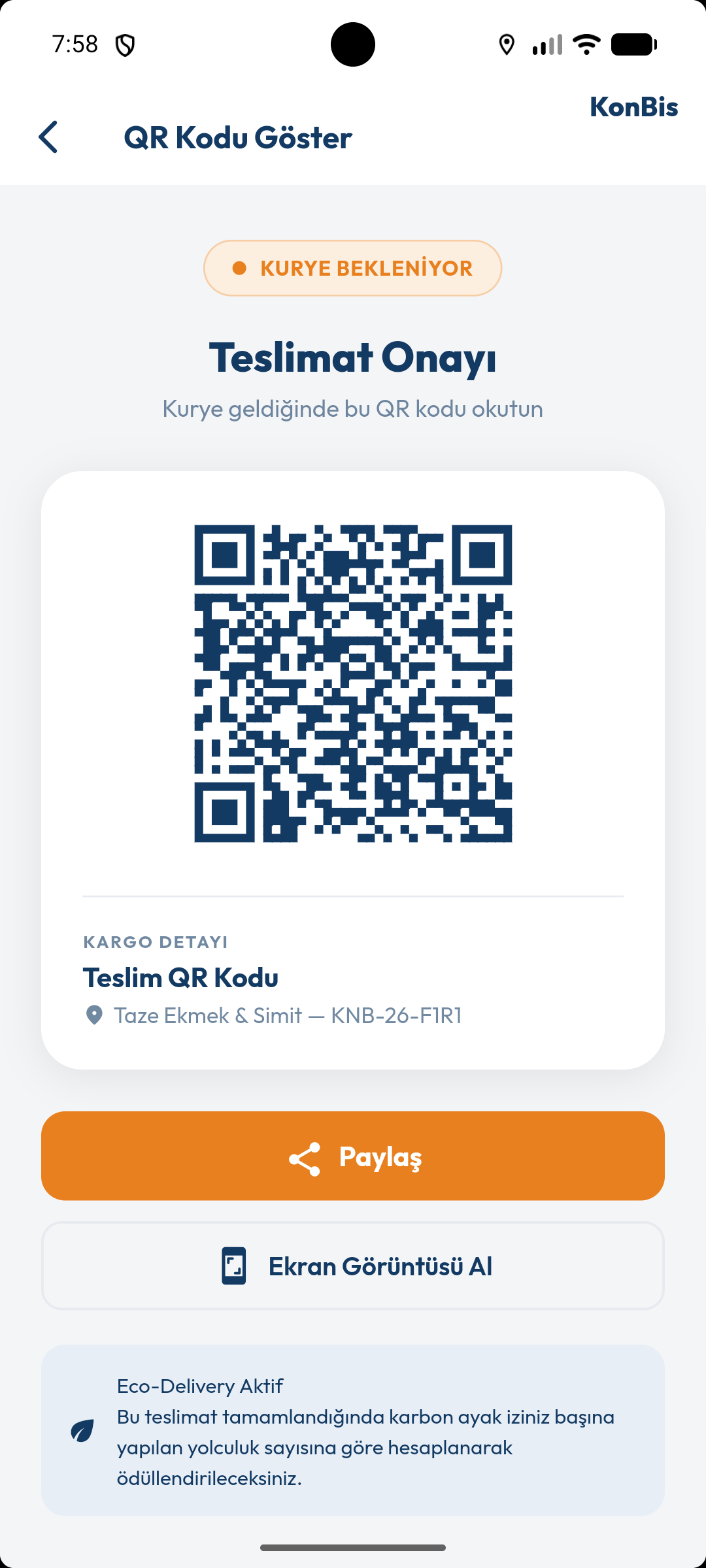 Teslimat onayı ekranı — teslim QR kodu ve paylaşım seçenekleri