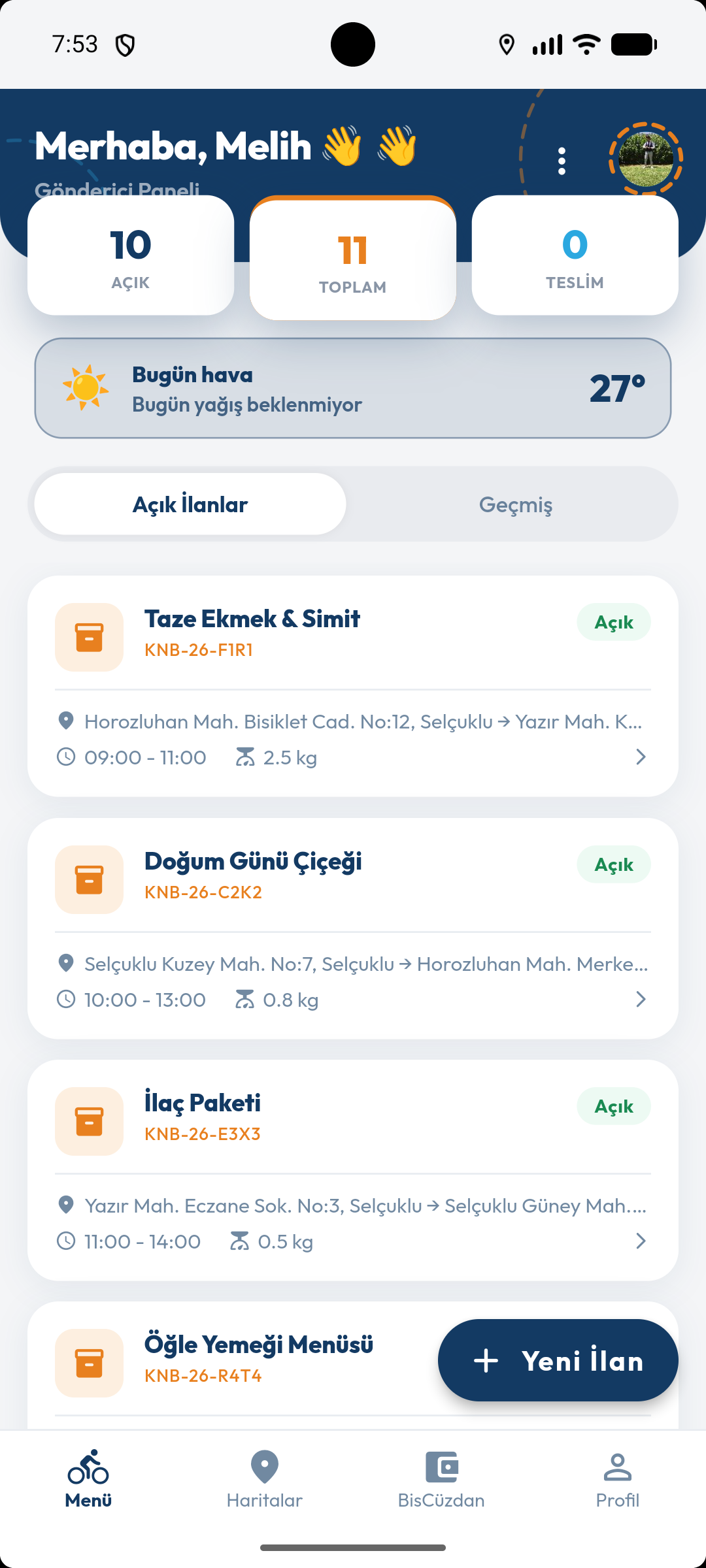 Gönderici paneli — açık ilanlar, hava durumu ve istatistik kartları