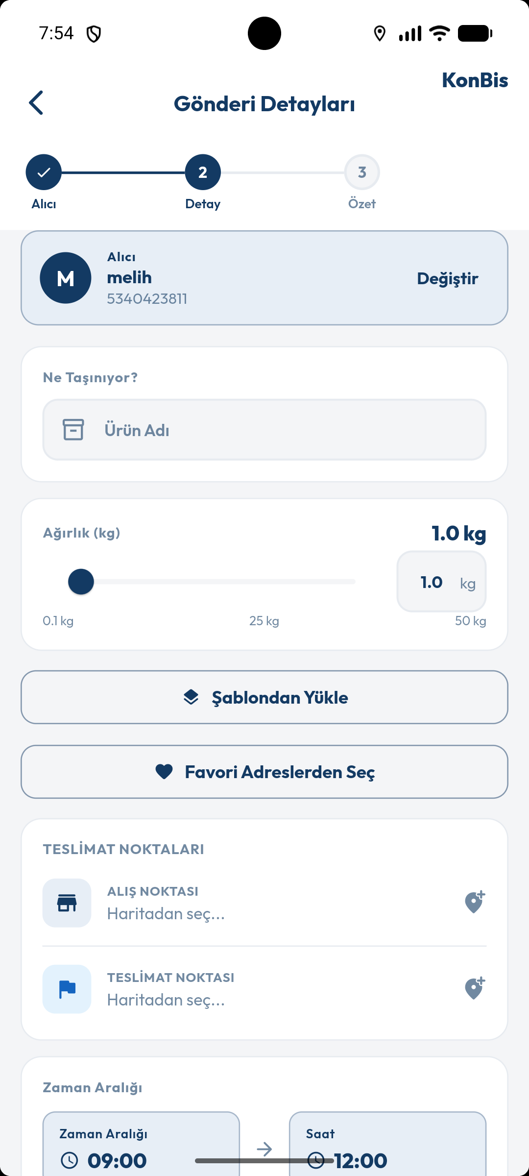 İlan oluşturma sihirbazı — alıcı, ağırlık, adres ve zaman aralığı