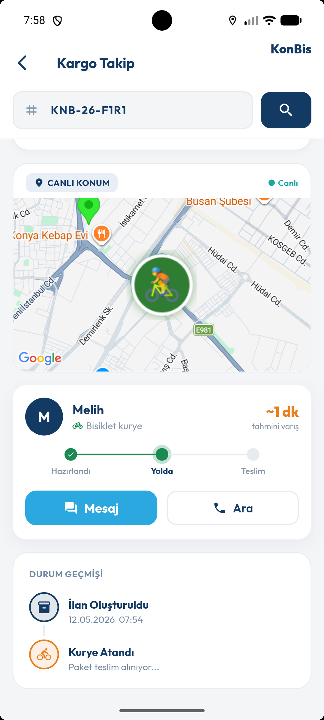 Kargo Takip ekranı — canlı kurye konumu, durum çizelgesi ve kurye kartı