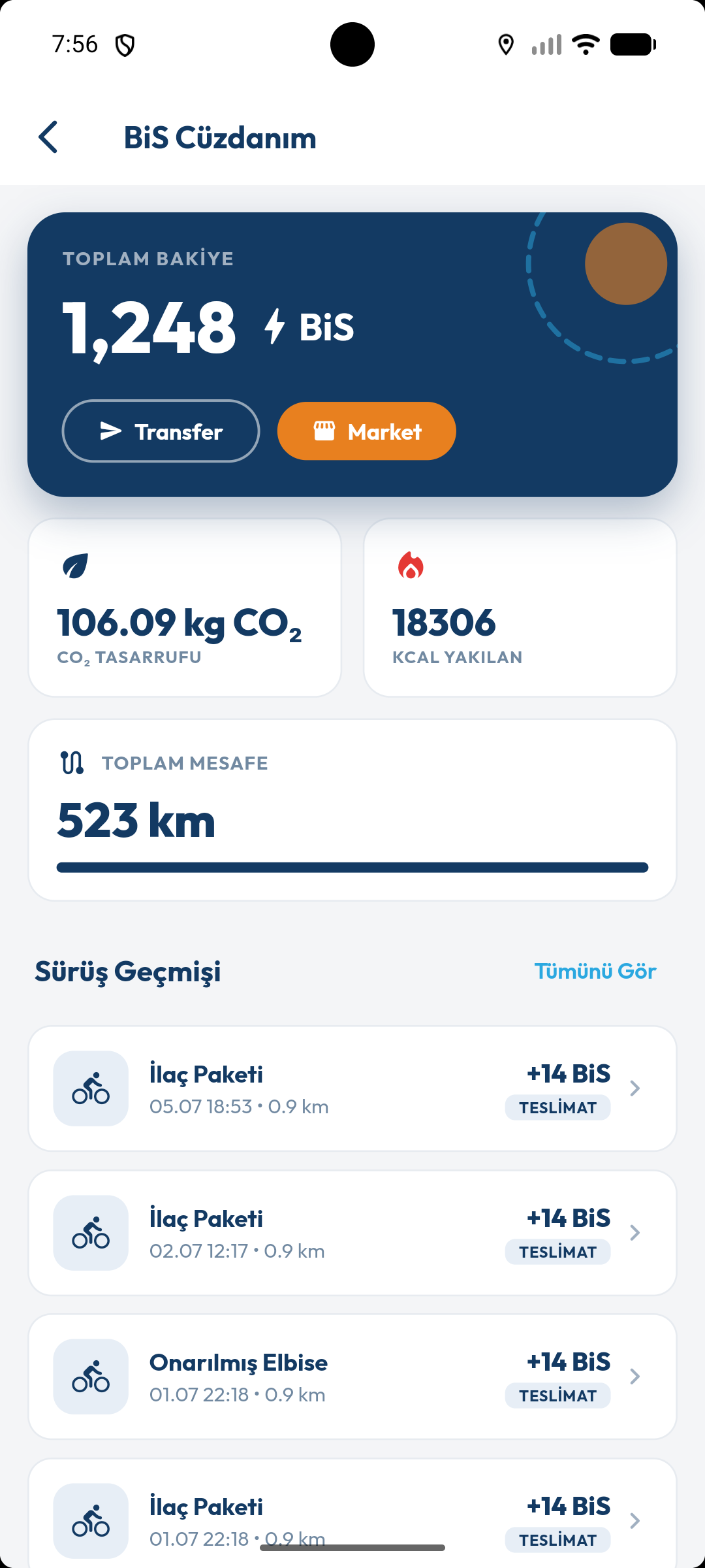 BiS Cüzdanım ekranı — bakiye, CO₂, kalori ve sürüş geçmişi